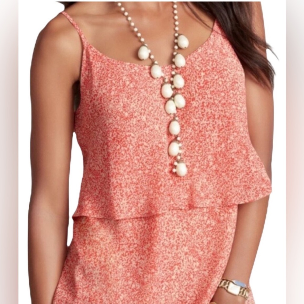 CABI Burnt Orange & Tan Abstract Chiffon Summer Layered Blouse Tank Top Medium